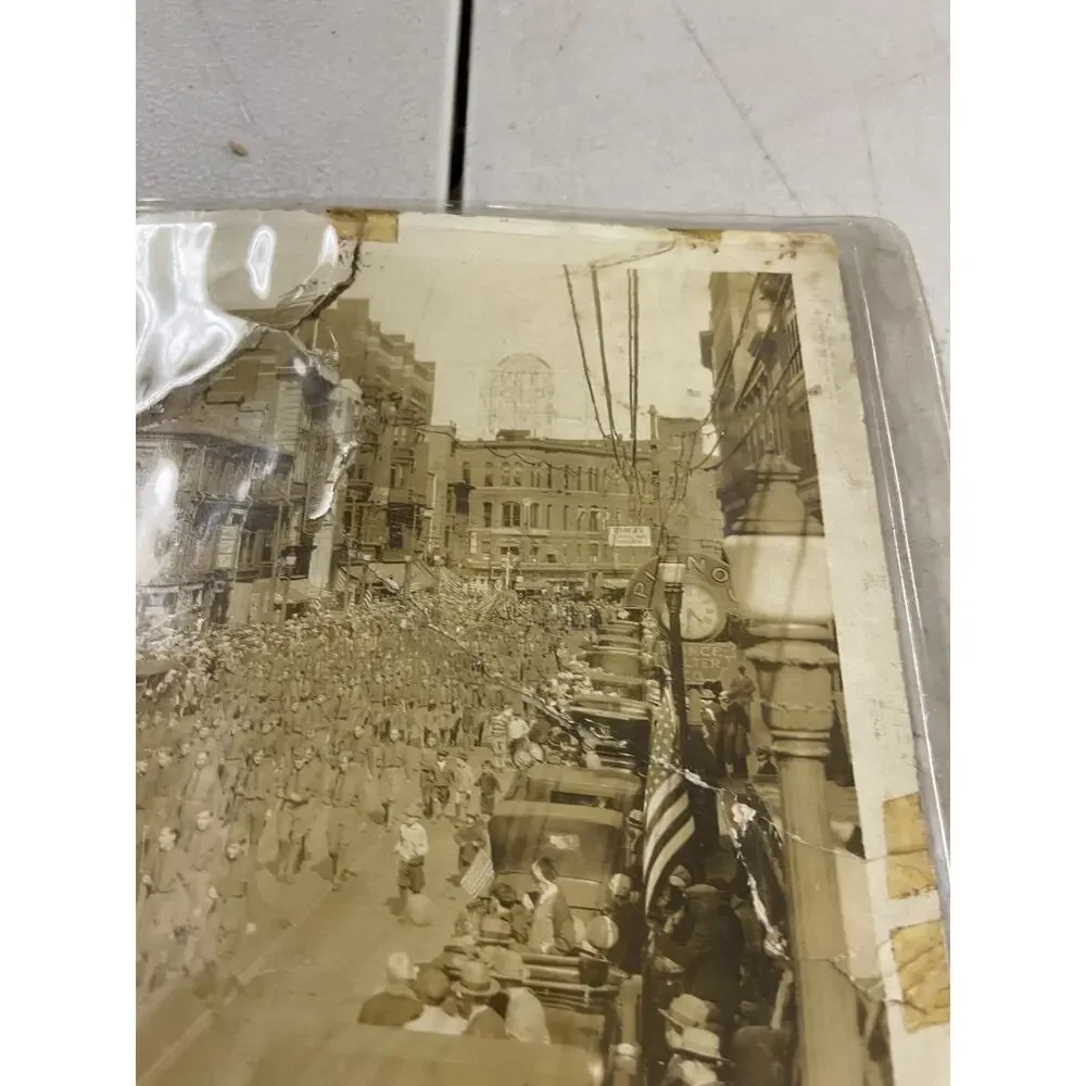 Antique WWI Military Soldiers Parade Photo Downtown Street Scene Massachusetts